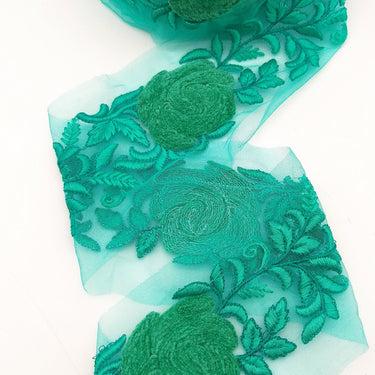 Cyan Green Soft Net Fabric Lace Trim with Floral Embroidery, Lace Trim, Sari Border